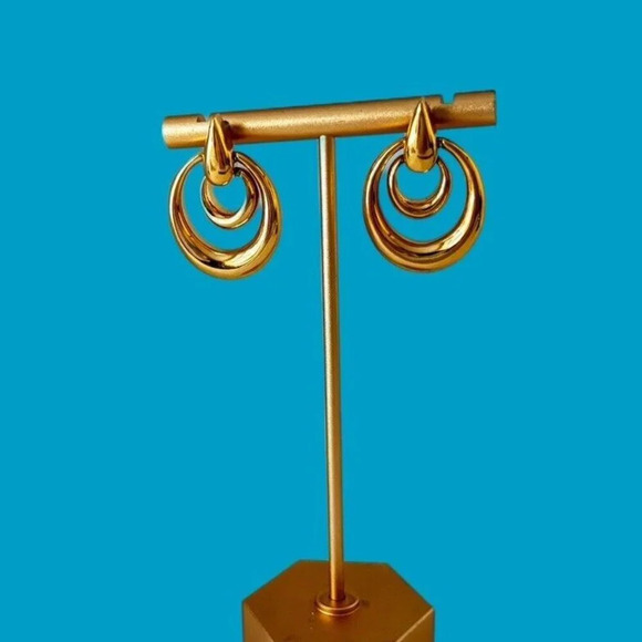 Crown Trifari Door Knocker Earrings Gold Tone Pierced Double Drops Vintage - Picture 2 of 6